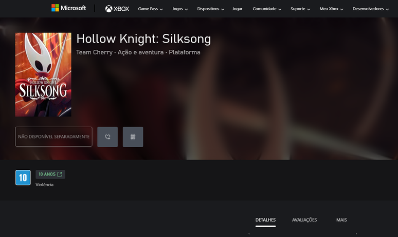 Gambar dari toko Xbox dengan informasi tentang Hollow Knight: Silksong (Gambar: Tangkapan Layar/Canaltech/André Mello)