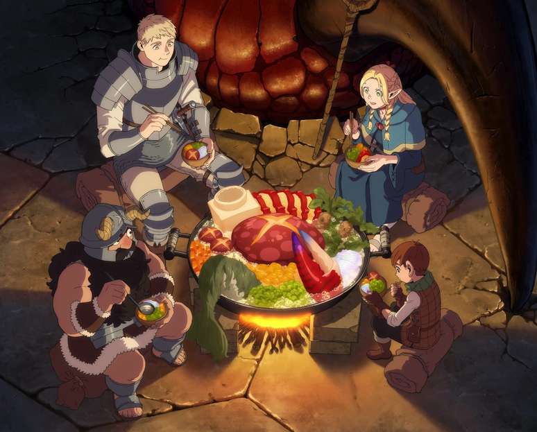 Os quatro protagonistas: Laios e Marcille na parte superior, e Senshi e Chilchuck, aproveitando uma deliciosa refeição de monstros