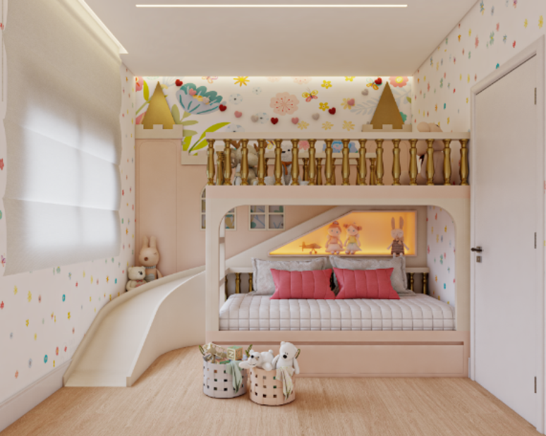 10. Quarto infantil planejado de princesa com tons pasteis e detalhes dourados – Projeto: Rodrigo Baleeiro – Dbale Arquitetura