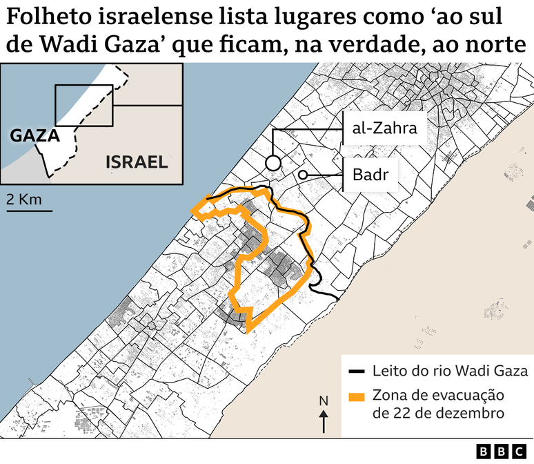 Mapa mostrando a zona de evacuação ao sul do leito do rio Wadi Gaza e os bairros al-Zahra e Badr fora dele, no norte