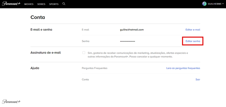 Acesse a conta no Paramount+ para editar a sua senha (Imagem: Captura de tela/Guilherme Haas/Canaltech) 