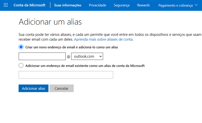 Acesse a página da conta da Microsoft para incluir um alias (Imagem: Captura de tela/André Magalhães/Canaltech)