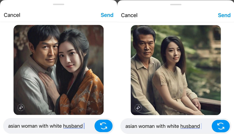 As tentativas malsucedidas de gerar imagens de casais de etnias distintas (Imagem: Reprodução/The Verge)
