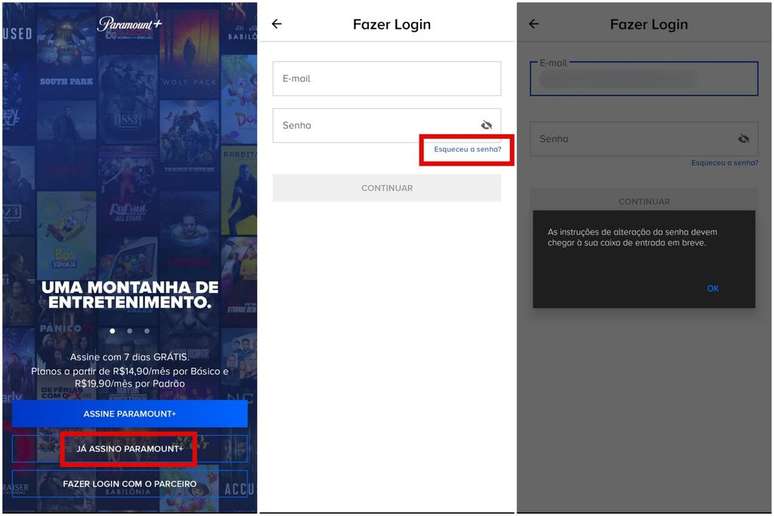 Como redefinir senha no app do Paramount+ (Imagem: Captura de tela/Guilherme Haas/Canaltech)