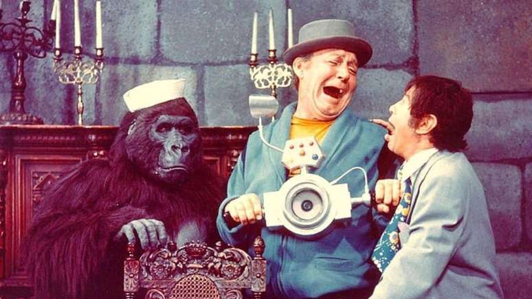 O trio de investigadores de The Ghost Busters incluía o gorila Tracy (Bob Burns), além de Spencer (Larry Storch) e Kong (Forrest Tucker), repetindo uma parceria clássica da TV americana dos anos 1970 (Imagem: Divulgação/Filmation)