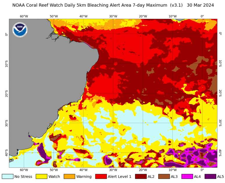 Mapa de órgão americano mostra o litoral do Ceará em roxo, nível 4 de alerta