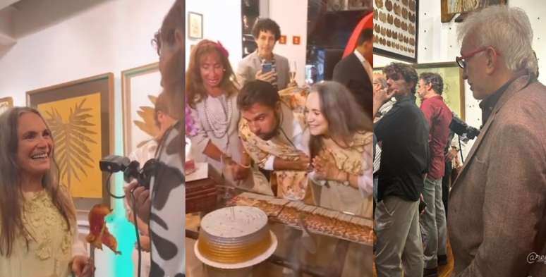 A atriz recebeu fãs e amigos, como Moacyr Franco (à direita), na galeria de Roberto Camasmie