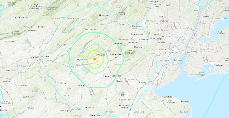 Mapa interativo da USGS mostra regiões que sentiram o tremor. Cidades de Filadélfia a Boston foram afetadas.