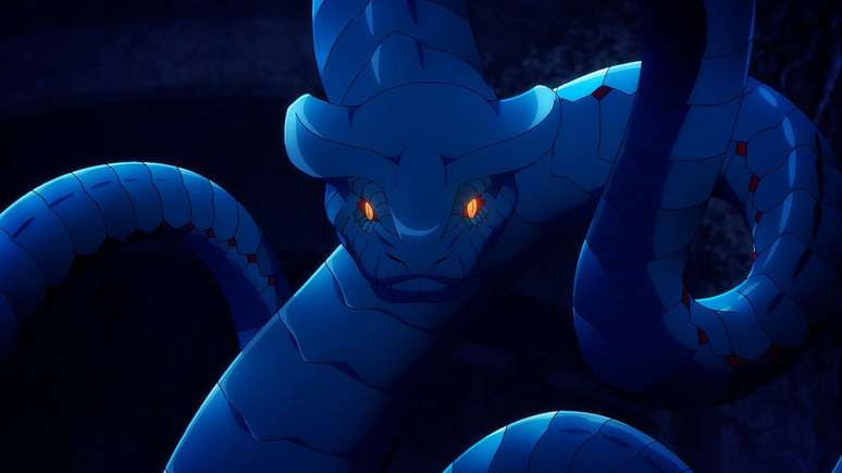 A cobra Kasaka Azul de Presas Venenosas é o primeiro chefe que Jinwoo enfrentou nas dungeons.
