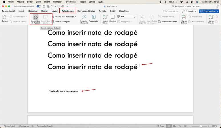 Use a aba de “Referências” para inserir uma nota de rodapé no Word (Imagem: Captura de tela/Guilherme Haas/Canaltech)