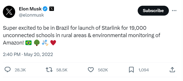 Em maio de 2022, Musk se disse "super animado para o lançamento da Starlink para 19 mil escolas desconectadas em áreas rurais e monitoramento ambiental da Amazônia"