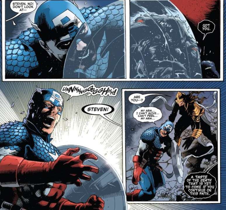 Capitão América sofre uma lesão que inutiliza seu braço (Imagem: Reprodução/Marvel Comics)