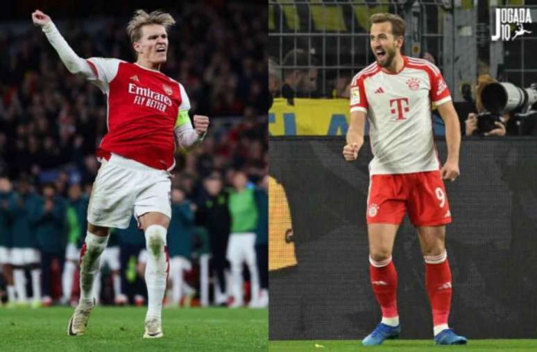 Fotos: Adrian Dennis e Ina Fassbender/AFP via Getty Images - Legenda: Odegaard e Kane são as esperanças de Arsenal e Bayern
