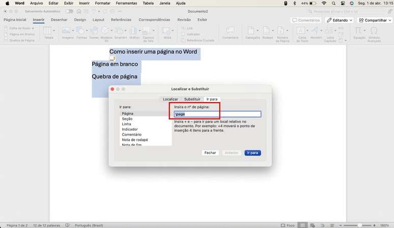 Atalho facilita selecionar o conteúdo para excluir uma página no Word (Imagem: Captura de tela/Guilherme Haas/Canaltech)