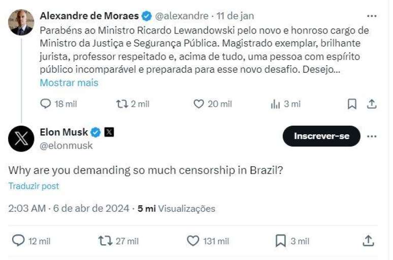 "Por que vocês estão exigindo tanta censura no Brasil?", questionou Musk em publicação de Moraes