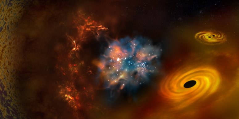 Concepção artística do universo primordial, incluindo buracos negros primordiais (Imagem: Reprodução/ESA/Science Office)