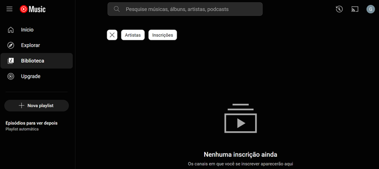 YouTube Music mantinha as atualizações de atividades dentro da aba de Biblioteca (Imagem: Captura de tela/Guilherme Haas/Canaltech)