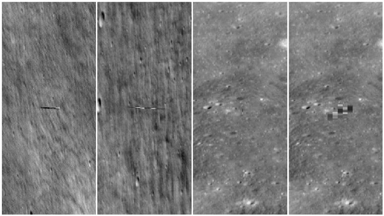 Fotos da sonda Danuri tiradas pela LRO em diferentes encontros (Imagem: Reprodução/NASA/Goddard/Arizona State University)