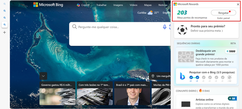 O Bing rende pontos no programa Microsoft Rewards (Imagem: Captura de tela/Guilherme Haas/Canaltech)