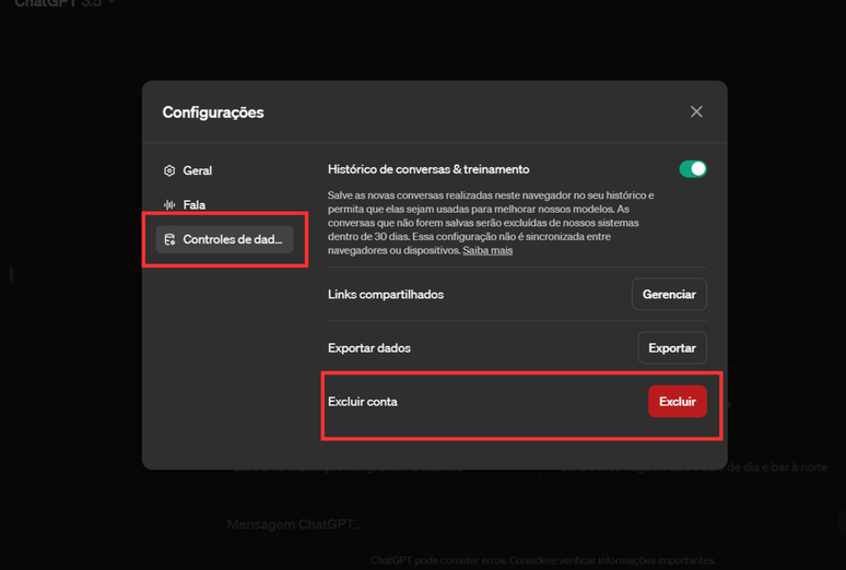Abra as configurações para excluir a conta do ChatGPT (Imagem: Captura de tela/André Magalhães/Canaltech)