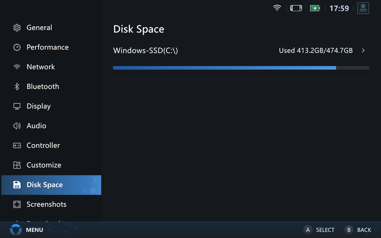 Armazenamento interno do Legion Go é suficiente para manter uma boa biblioteca instalada sem depender de drives externos ou cartões de memória. (Imagem: Daniel Trefilio / Canaltech)