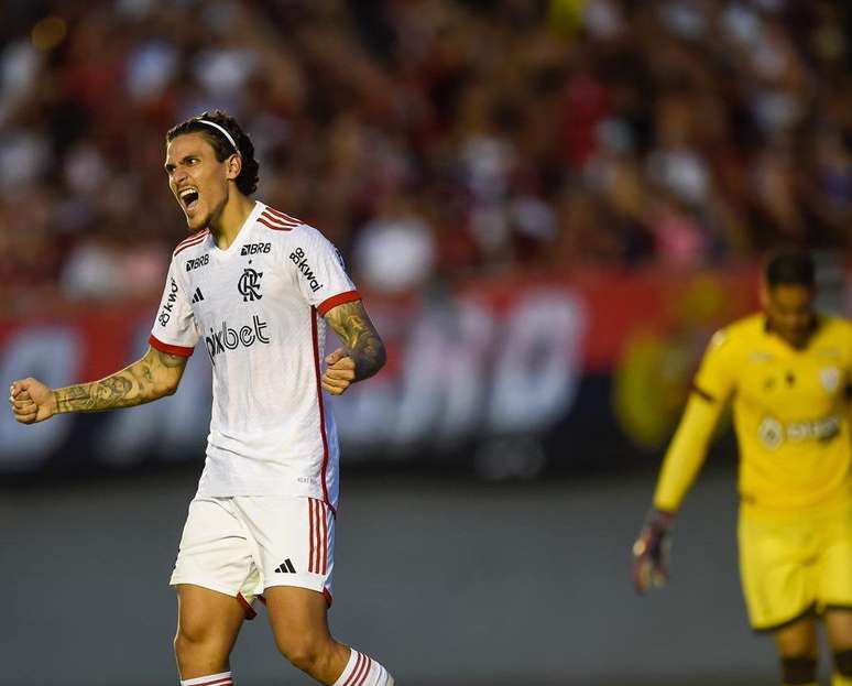 Pedro celebra gol pelo Flamengo. 