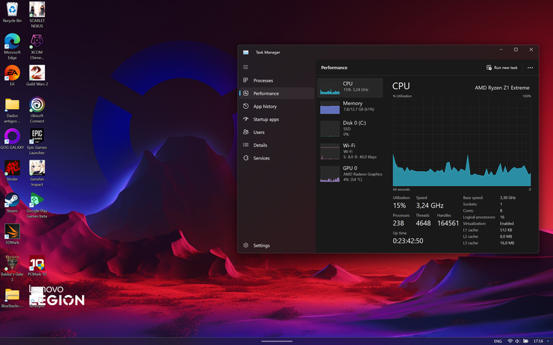 A quantidade de processos exigidos para rodar o Windows 11 já consome de 15% a 20% dos recursos de CPU do Legion Go, e isso faz falta nos jogos. (Imagem: Daniel Trefilio / Canaltech)