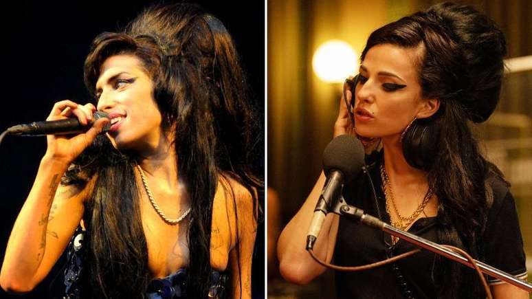 Amy Winehouse (à esquerda) durante uma apresentação em 2008; na foto ao lado, a atriz Marisa Abela interpretando a cantora no filme