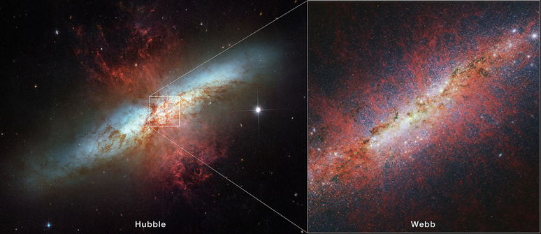 Galáxia M82 observada pelo Hubble (esquerda) e pelo James Webb (direita) (Imagem: Reprodução/NASA, ESA, CSA, STScI, Alberto Bolatto (UMD)