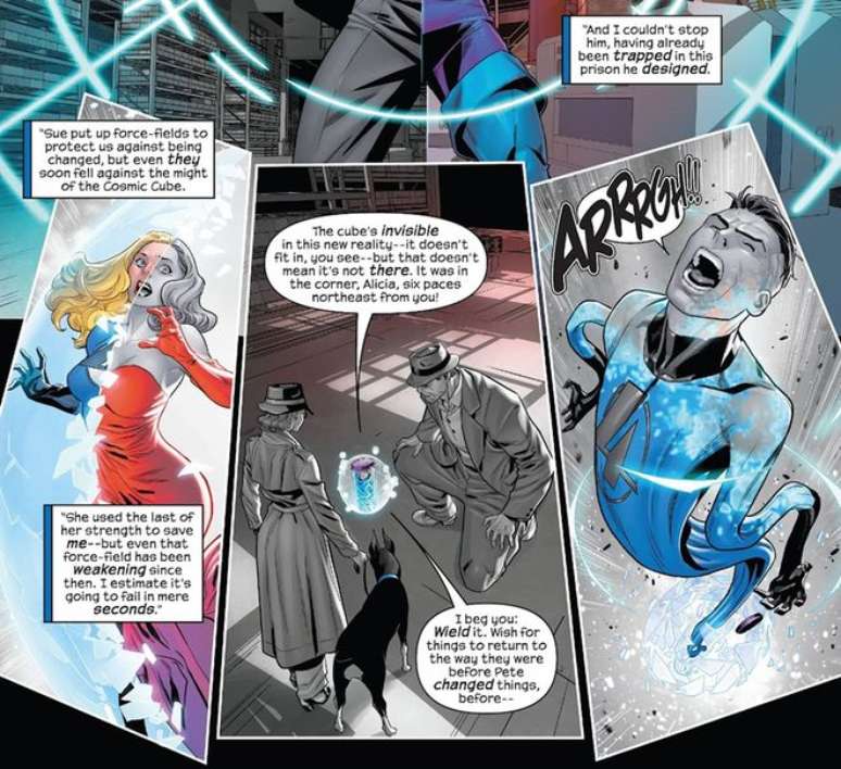 Mulher-Invisível consegue bloquear efeitos de pode de altaração de realidade (Imagem: Reprodução/Marvel Comics)