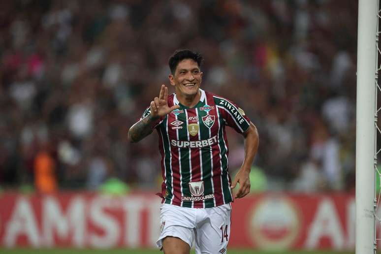 Germán Cano (Fluminense) celebrando seu gol contra o Colo-Colo no dia 09.04.2024 