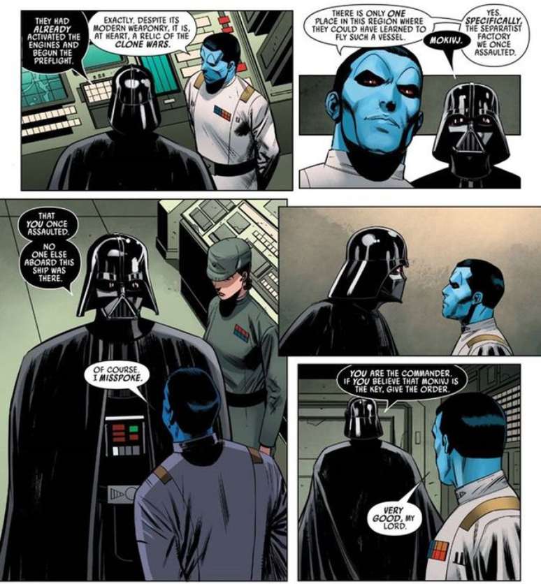 Thrawn cita memória compartilhada que Vader faz questão de dizer que não era com ele (Imagem: Reprodução/Marvel Comics)