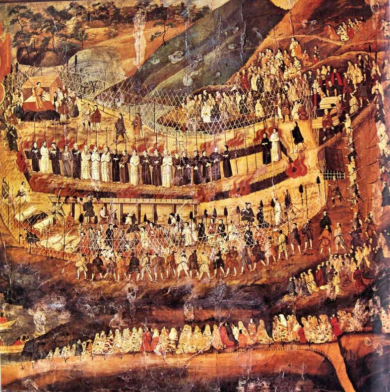 Pintura de autoria desconhecida retrata o martírio de cristãos no Japão