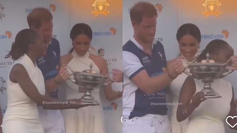 Meghan entregando troféu para time de polo ao qual seu marido faz parte