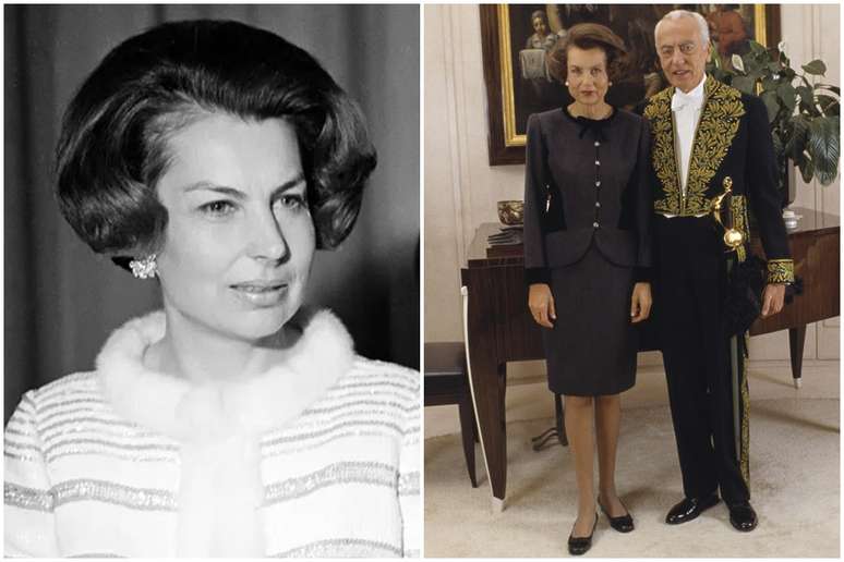 A filha do fundador da L'Oréal sempre se manteve magra e elegante; à direita, ela com o marido, André, igualmente vaidoso