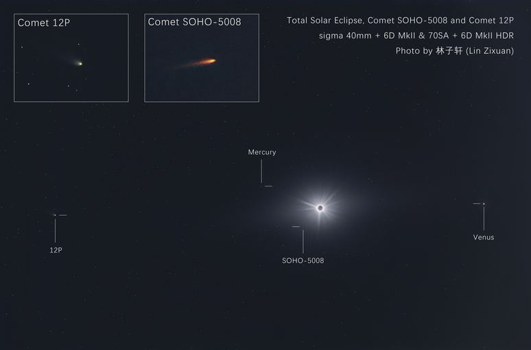 Cometa 12P/Pons-Brooks e SOHO-5008 fotografados durante o eclipse solar (Imagem: Reprodução/Lin Zixuan (Tsinghua U.)