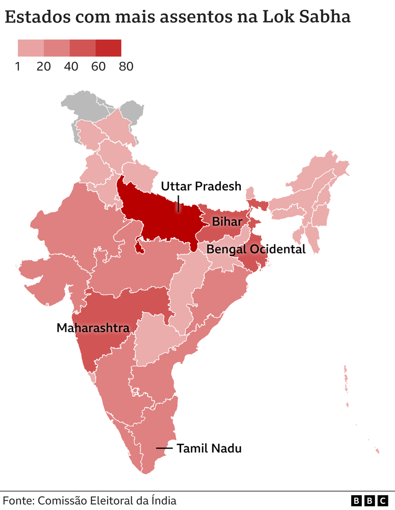 Mapa das eleições na Índia de 2019