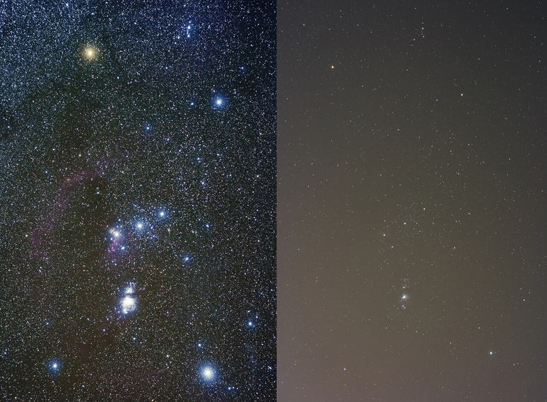 Constelação de Órion, o Caçador, fotografada em uma área de céu escuro (esquerda) e em uma metrópole (direita) (Imagem: Jeremy Stanley/CC 2.0)