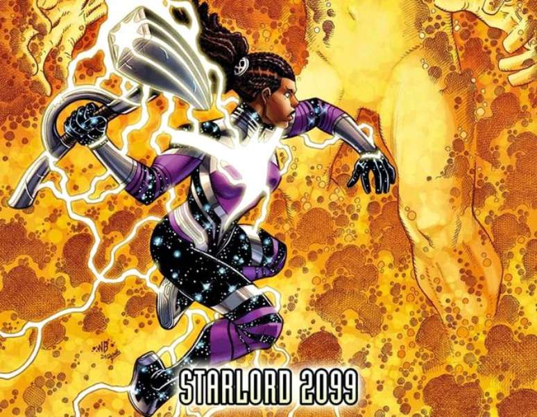 Na Marvel de 2099, Star-Lord dará lugar à Senhora das Estrelas que empunha um Mjolnir (Imagem: Reprodução/Marvel Comics)