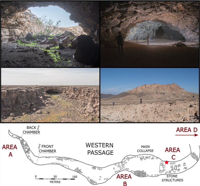 A caverna de Umm Jirsan e seu mapeamento — humanos a habitaram por 7 mil anos durante o Neolítico (Imagem: Stewart et al./PLOS One)