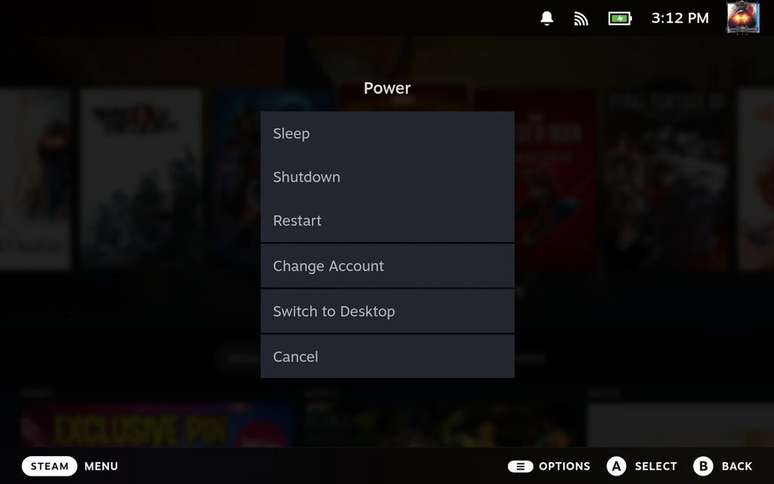 É bastante raro precisar acessar a interface do sistema operacional do Steam Deck, mas quando necessário basta segurar o botão de energia para abrir o menu e alternar. (Imagem: Daniel Trefilio / Canaltech)