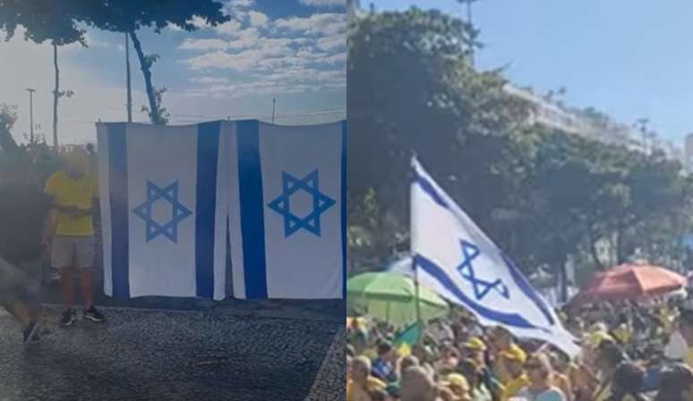 Bandeiras de Israel sendo vendidas durante ato pró-Bolsonaro em Copacabana