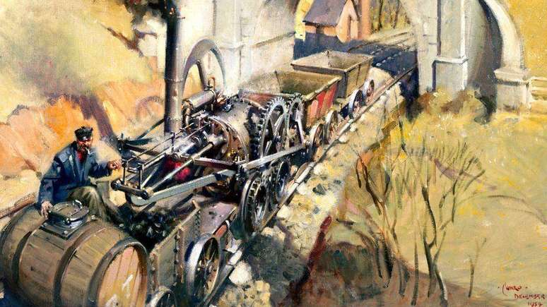 A locomotiva Penydarren, de Richard Trevithick, imortalizada pelo renomado pintor Terence Tenison Cuneo em 1954