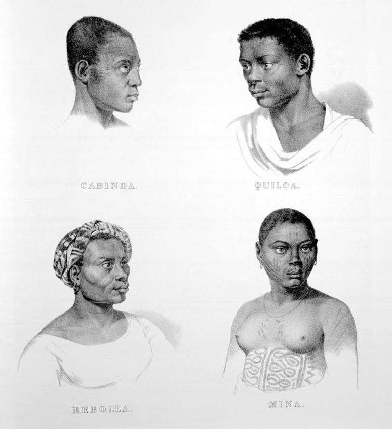 Gravura 'Negros Cabinda, Quiloa, Rebolla - Mina' - 1835 - Johan Moritz Rugendas