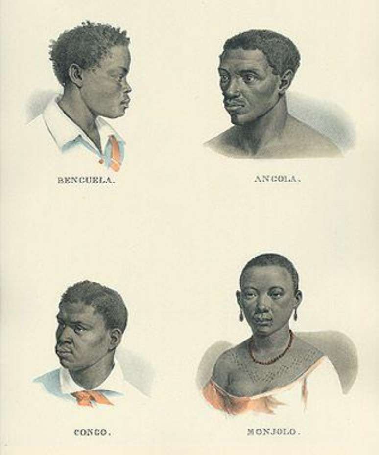 Gravura 'Negros Benguela - Angola - Congo - Monjolo' - 1835 - Johan Moritz Rugendas