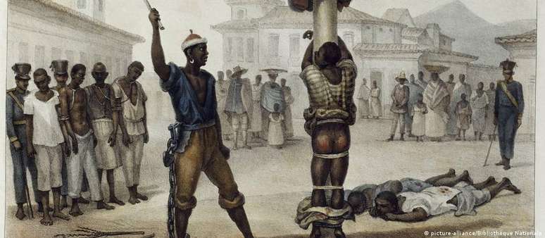 "Execução da punição de açoitamento", pintura do francês Jean-Baptiste Debret (1768-1848) mostra escravo sendo castigado no Brasil no século 19