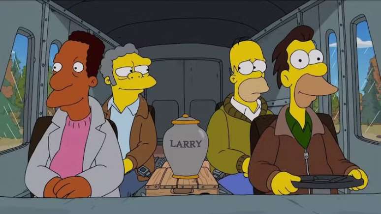 No episódio 'Cremains of the Day' (imagem), as consequências da morte de Larry são exploradas, enquanto Homer e a turma do Moe's lidam com os mistérios da vida de seu falecido amigo