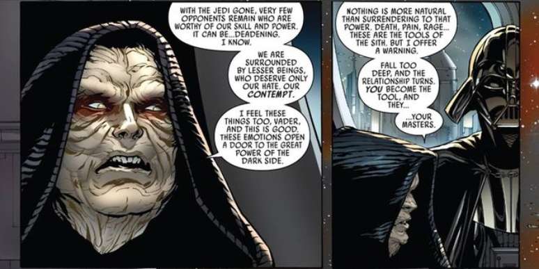 Palpatine diz, basicamente, para odiar todo mundo, ou seja, seu baixo-astral vêm do desprezo a "seres inferiores"  (Imagem: Reprodução/Marvel Comics)