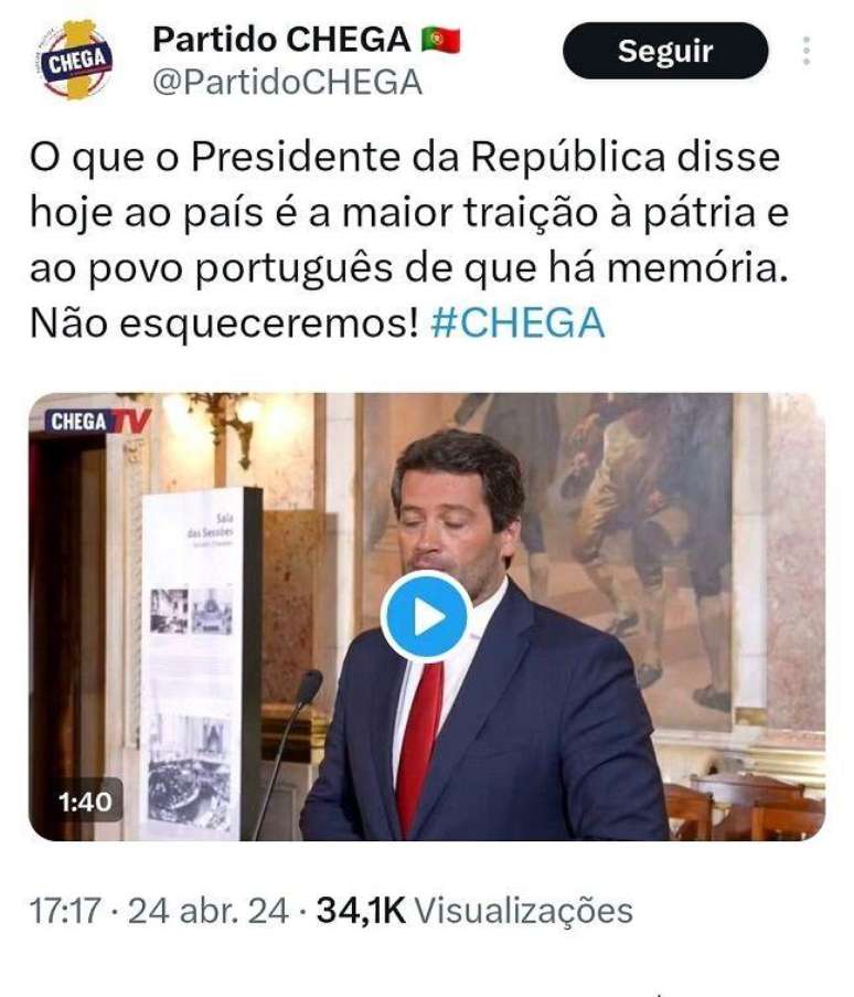 'O que o Presidente da República disse hoje ao país é a maior traição à pátria e ao povo português de que há memória', disse o Chega em rede social