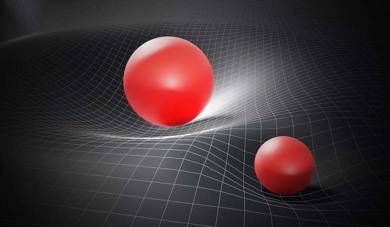 À luz da relatividade geral, os físicos nos convidam a imaginar um grande pano suspenso no ar, no qual uma bola o faz afundar: o espaço-tempo é deformado por ele